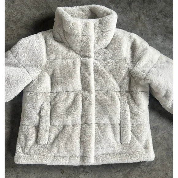 The Abercrombi & Fitch Mini Puffer Jacket Beige Faux Fur Cropped Soft Large - Picture 4 of 12